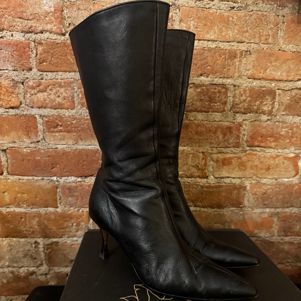 Manolo Blahnik Boots Below Knee Black Leather Pointed Toe Stiletto